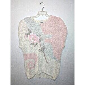 Vtg Womens Pink White Floral Sweater Sz L Embroidered Beaded Applique by Mervyns